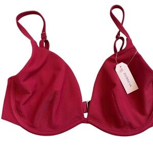 Dobreva Lipstick Red Ribbed Underwire Bikini Top 34DD Adjustable NWT Swim